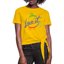 Load image into Gallery viewer, Live it - Women&#39;s Knotted T-Shirt - Purple - sun yellow
